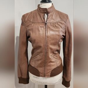 AQUA Brown Bomber Style Leather Jacket In Size 6